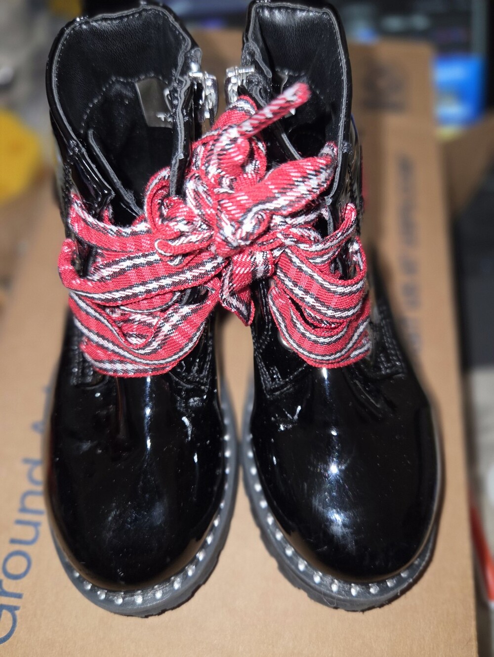 Tahari Black Patent Kids Boots with Red Heart and Red Plaid Laces - Picture 4 of 5